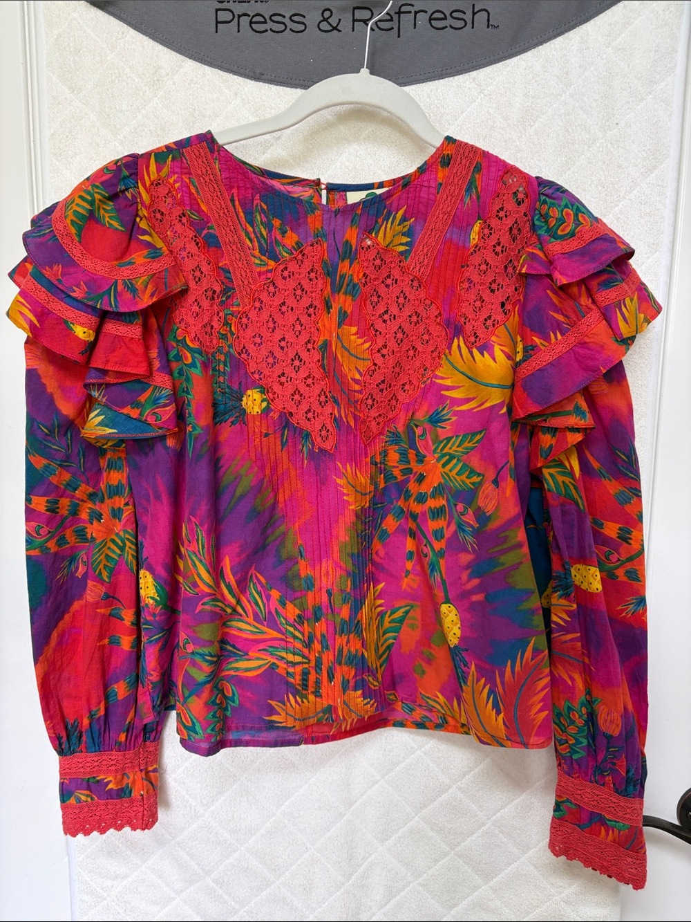 FARM Rio Pink & Red Tropical Lace-Yoke Ruffle Blouse